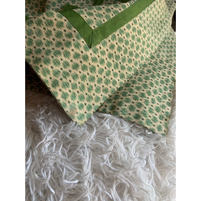 Jane Wilner Haute Couture Greek Key Trimming Linen Fabric Green Geometric Pattern Flange Square Pillow Shams - a Pair For Sale - Image 4 of 12