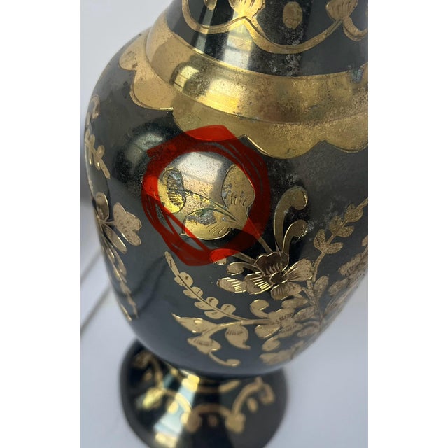 Black Vintage Black and Brass Etched Embossed Floral Design Vase Made in India For Sale - Image 8 of 9