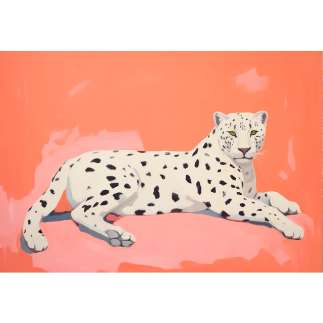 White Cheetah With Black Spots on Coral and Pink Background - Horizontal Artwork 24" X 18" Paper Print For Sale
