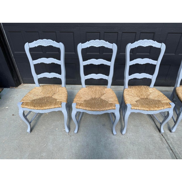 Wood Late 20th Century French Country Ladder Back Rush Seat Dining Chairs – Set of 6 For Sale - Image 7 of 9