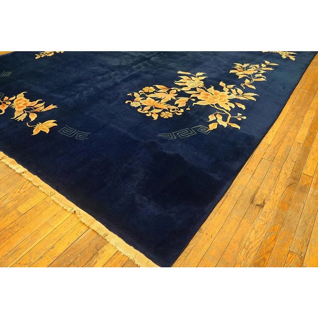 1920s 1920s Navy Blue Open Field Floral Antique Chinese Art Deco Carpet 8'10" X 11'9" Knotted Wool Rug For Sale - Image 5 of 9