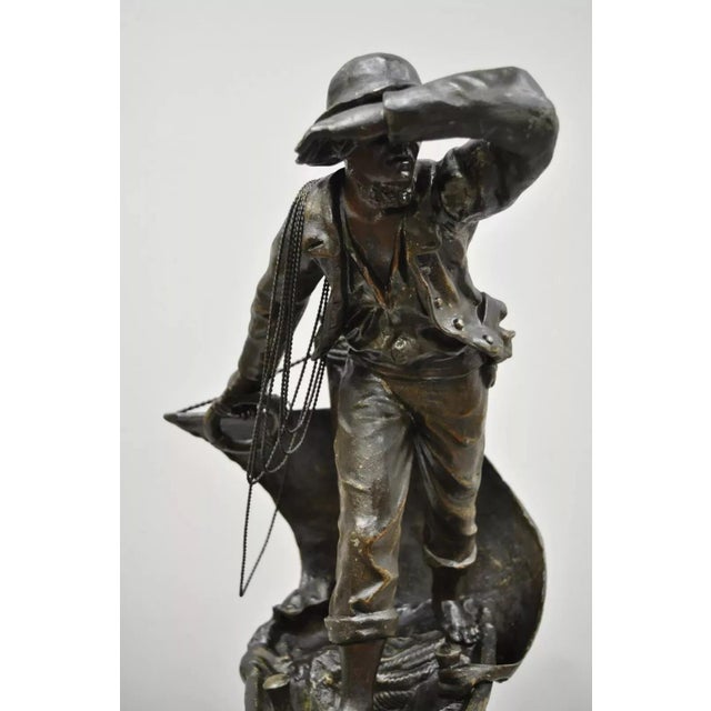 Victorian Antique French Spelter Metal Sailor Watchman on Ship Wooden Base, Made in France For Sale - Image 3 of 12