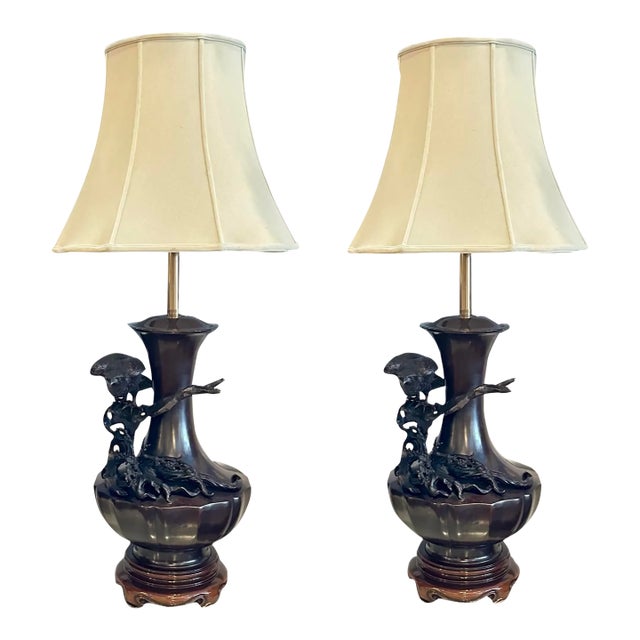 Pair of 1980s Contemporary Meiji Style Bronze Marbro Lamps With Decoration For Sale