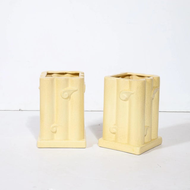 Art Deco Pair of 1930s Art Deco Cream Ceramic Vases With Wind Motif & Craqueleur Finish by Manufacture Imperiale Royale Nimy For Sale - Image 3 of 12