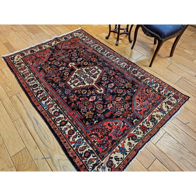 1900 - 1909 Vintage Persian Bakhtiari Rug, Handwoven Wool, Floral Pattern, Navy & Ivory, 5x7 For Sale - Image 5 of 14