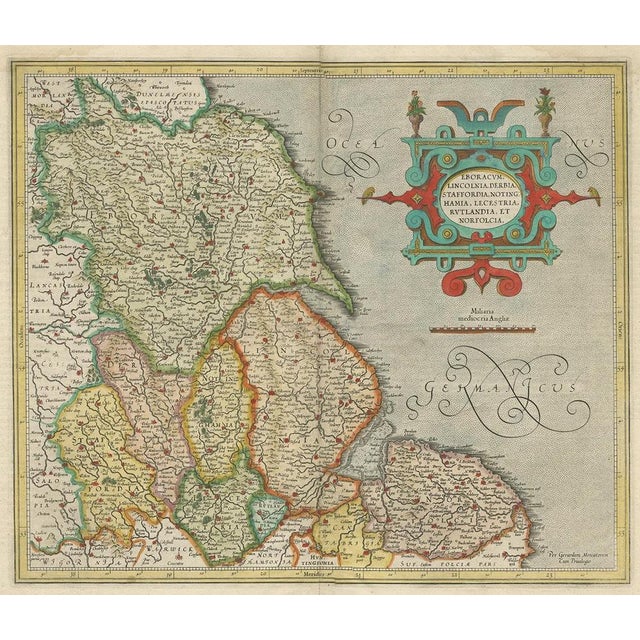 Antique map titled 'Eboracum Lincolnia, Derbia, Staffordia, Notinghamia, Lecestria, Rutlandia, et Norfolcia'. Decorative...