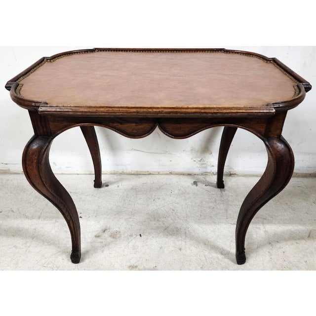 Country French Side Table Leather Top Oak Antique For Sale - Image 9 of 12