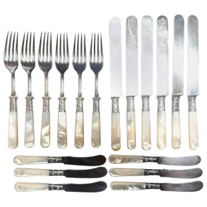 Vintage Fish Flatware Set, Sterling Silver With Mother-Of-Pearl, Set of 18
