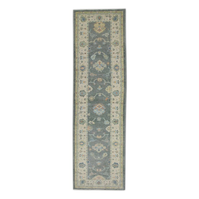 Textile Early 21st Century Gray Multicolor Floral Design Handwoven Wool Turkish Oushak Rug 3'1" X 10'7" For Sale - Image 7 of 7
