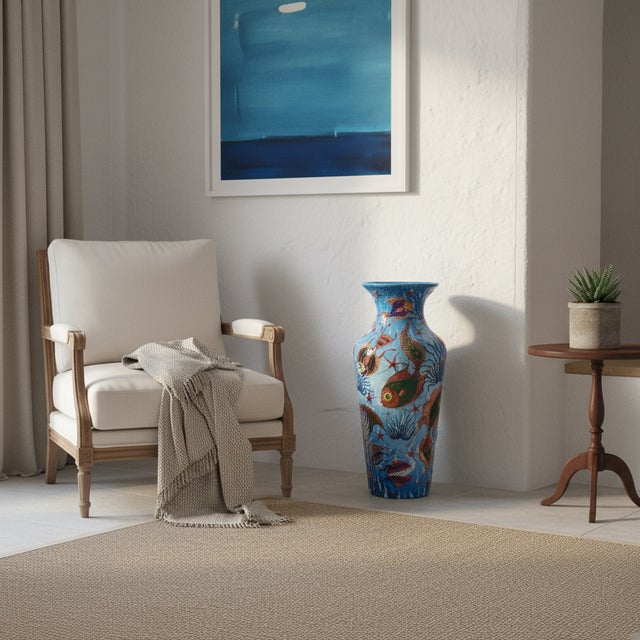 Ceramic Handmade Ceramic Grand Column Vase (50cm) Embossed Aegean Aquarium & Coral Reef Floor Vase For Sale - Image 7 of 10