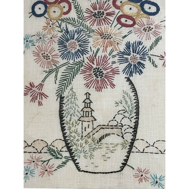 Unique, handmade crewel embroidery with granny chic charm! This still life features a colorful summer bouquet in a vase...