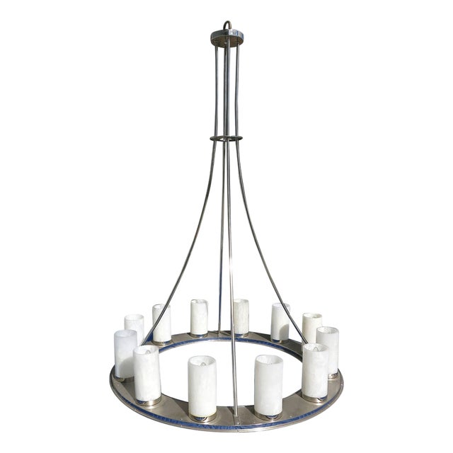Large Modernist Twelve-Light Nickel Finished Chandelier For Sale