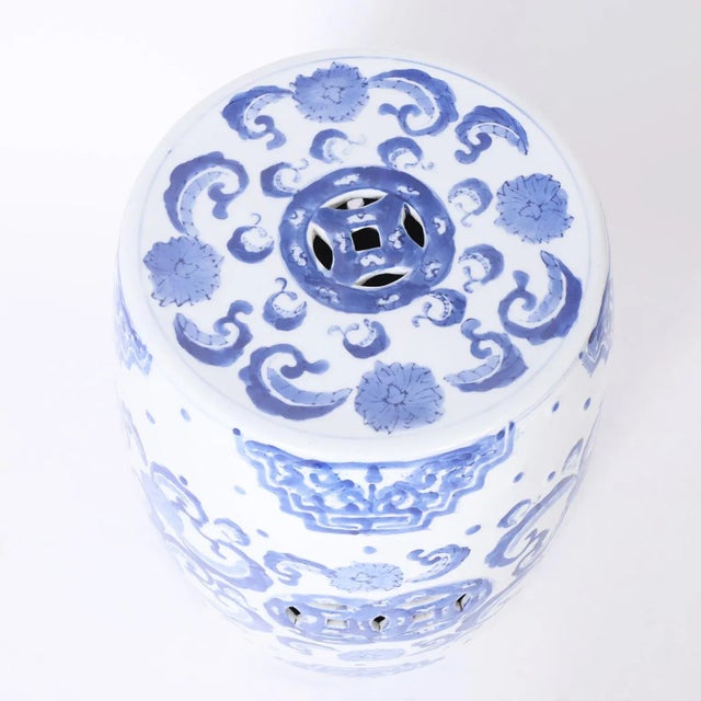 Late 20th Century Vintage Pair of Chinese Blue and White Garden Seats For Sale - Image 5 of 8