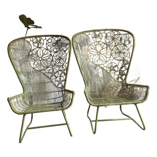 Pair of Crinoline Vintage Floral Lattice Peacock Chairs For Sale