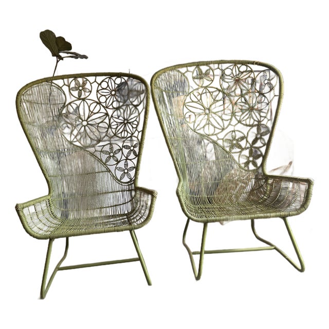 Pair of Crinoline Vintage Floral Lattice Peacock Chairs For Sale