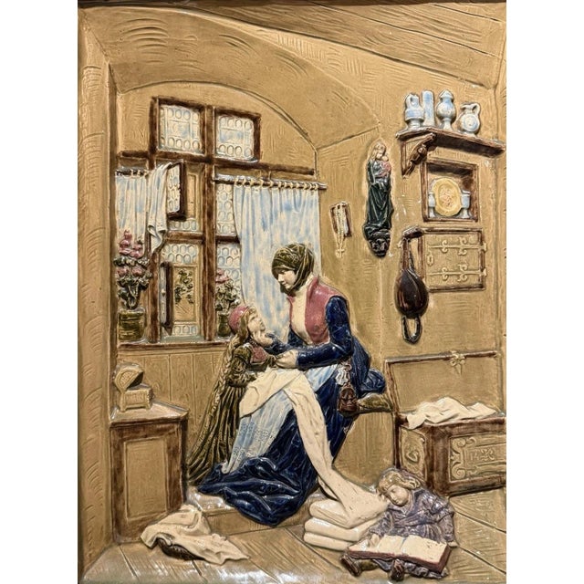 Historicism Porcelain Majolica Relief Image of a Mother with Children in a Room, 1890s For Sale - Image 6 of 13