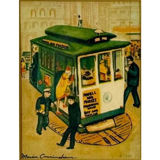 1944 Signed Marion Cunningham San Francisco Cable Car Serigraph Triptych, Mid-Century Modern SF Wall Art, Vintage WWII Era...