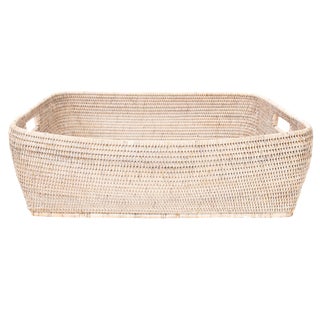 Artifacts Rattan Rectangular Oblong Storage Basket, White Wash, 26" For Sale