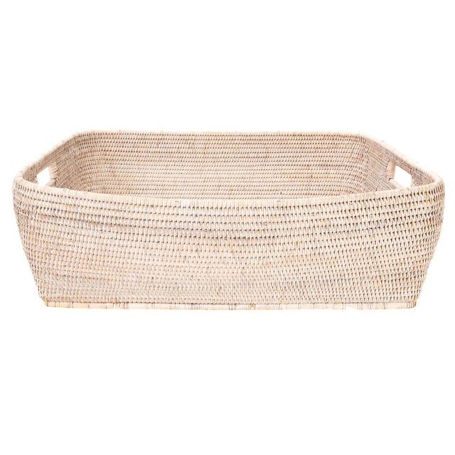 Artifacts Rattan Rectangular Oblong Storage Basket, White Wash, 26" For Sale