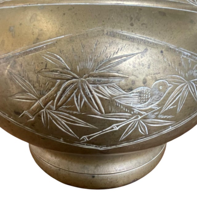 Vintage Possibly Brass Jardiniere Planter With Engraved Floral and Geometric Design. For Sale - Image 4 of 9