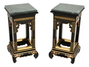 Antique Chinoiserie Lacquered Side Tables with Marble Tops, 1950s, Set of 2