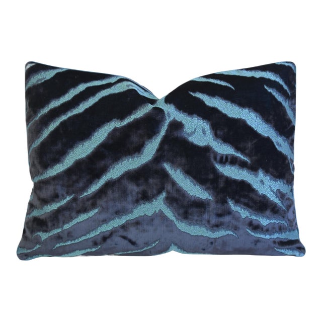 Designer Mokum Animal Bengal Tiger Sapphire Velvet Feather/Down Pillow 22" X 17" For Sale