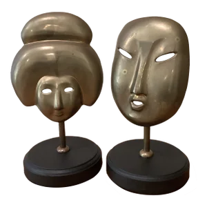 A Pair Mid 20th Century Asian Style Brass Sculptures Art Plagues on Wood Base