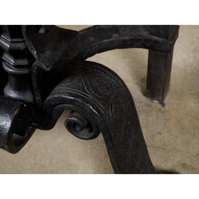Black Pair of English Turn of the Century Iron Andirons with Foliage and Guilloches For Sale - Image 8 of 11