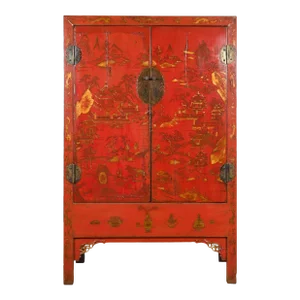 19th Century Chinese Qing Dynasty Chinoiserie Red Lacquer Cabinet