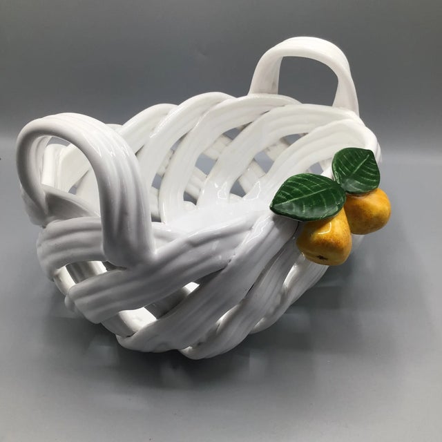 White Woven Ceramic Fruit Basket Centerpiece With Pears and Leafs Made in Portugal by Berados For Sale - Image 8 of 13