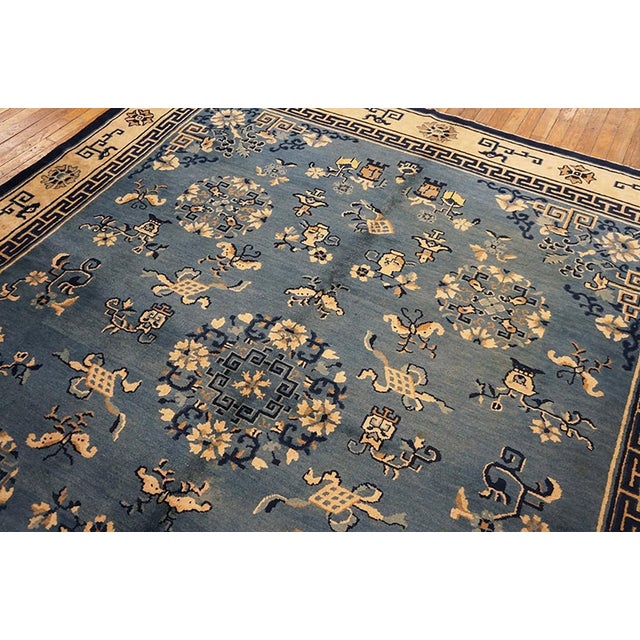 Art Deco 1920s Blue Floral-Medallion Antique Chinese Peking Rug 7'10" X 9'8" Handknotted Wool Carpet For Sale - Image 3 of 6