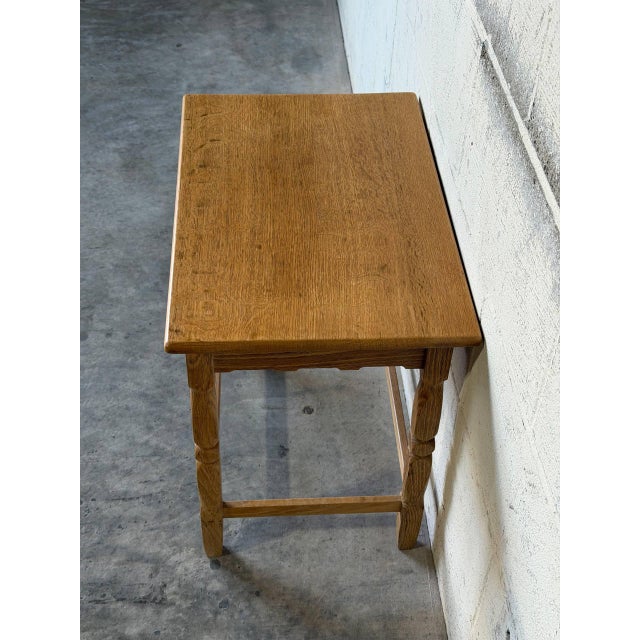 Oak Side Table With Single Drawer Turned Legs and Metal Pull Accent Vintage 1970s For Sale - Image 10 of 10