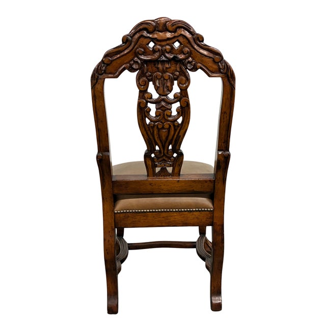 Late 20th Century Dutch Chippendale Style Carved Fruitwood & Leather Dining Chairs — Set of 4 For Sale In Charlotte - Image 6 of 10