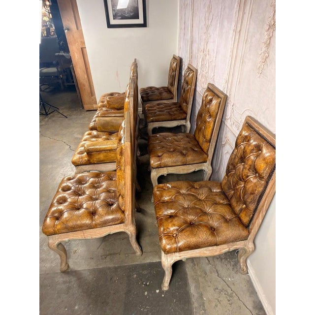 Mid 20th Century Set of 8 French Louis XV Dining Chairs, Leather Tufted, 1960s For Sale - Image 5 of 18