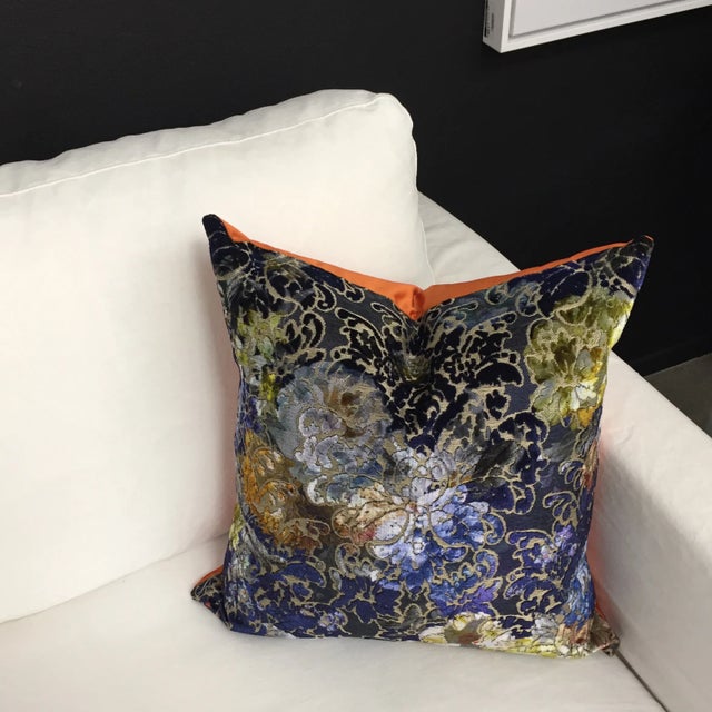 Hollywood Regency Designers Guild Pillow - Blue, Navy, Orange, Chartreuse For Sale - Image 3 of 8