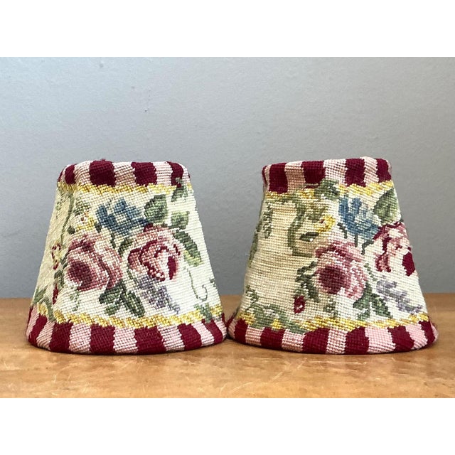 Vintage Needlepoint Floral Lamp Shades Pair For Sale In West Palm - Image 6 of 14