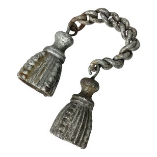 Antique Cast Iron Tassel Gate Weights on Chain in Old Silver Paint For Sale