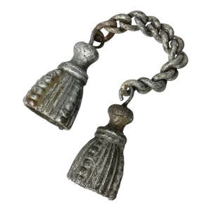 Antique Cast Iron Tassel Gate Weights on Chain in Old Silver Paint