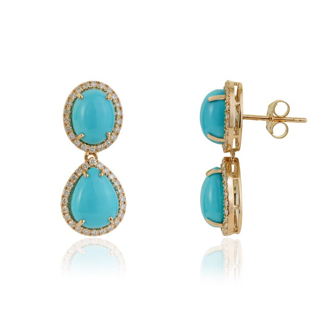 VR Jewels 8.94ct Sleeping Beauty Turquoise Drop Earrings With Diamonds in 14k Gold- 2 Pieces For Sale - Image 4 of 14