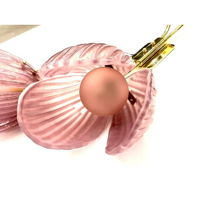 Contemporary Italian 2-Branch Pink Murano Glass Tulip Flower Gold Brass Sconces - a Pair For Sale - Image 10 of 10