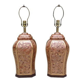 Vintage 1960s Frederick Cooper Metallic Copper Rose Gold Marbled Ceramic Lamps- A Pair For Sale