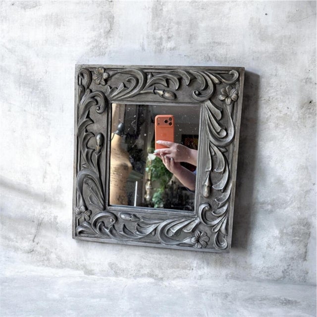 Gray Decorative Floral Carved Square Wall Mirror - Silver Gray For Sale - Image 8 of 8