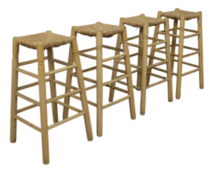 Bar Stools in Wood and Cane, 1970s, Set of 4