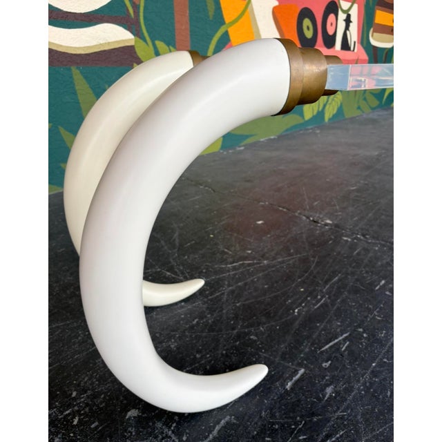 White Postmod Faux Elephant Tusk Brass & Lucite Console For Sale - Image 8 of 10