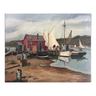 The Red Boat House, Fishing Boats, New England Harbor Painting, Unframed by Reams For Sale