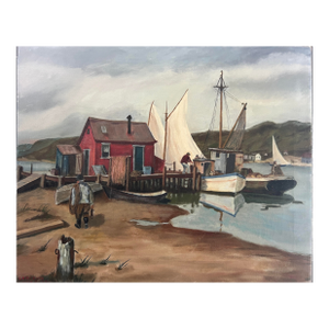 The Red Boat House, Fishing Boats, New England Harbor Painting, Unframed by Reams