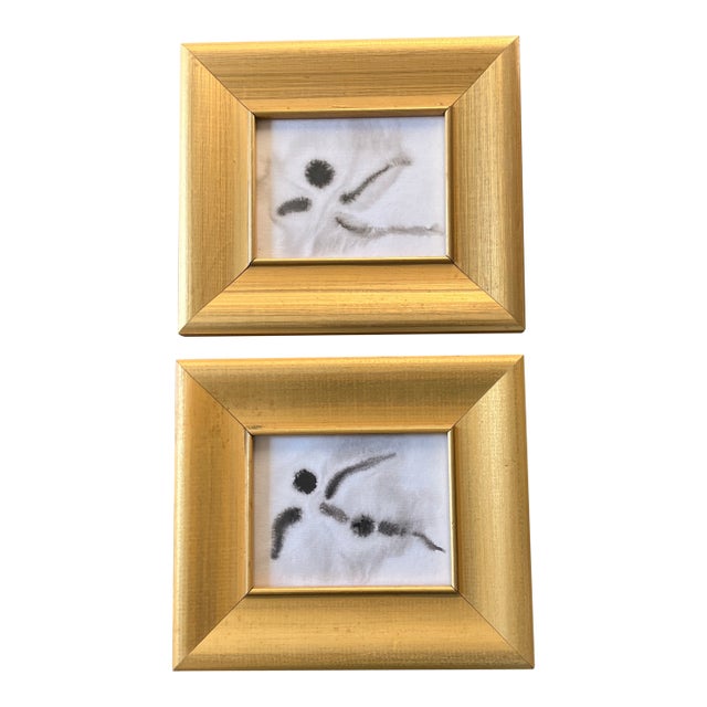 Contemporary 2 Original Abstract Small Ink Paintings Gold Frames-a Pair For Sale