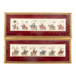 Pair of Framed Hand-Colored German Knight Parade Prints on Silk