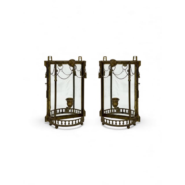 Mid 19th Century 19th-C. French Napoleonic Brass & Curved Glass Mirrored Sconces Lion Mask - Pair For Sale - Image 5 of 8