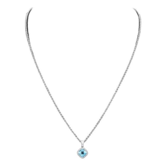 14k White Gold Blue Topaz Diamond Pendant Necklace For Sale